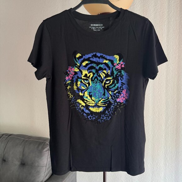 Excellent Guess Women's Size S Black Short Sleeve Tiger Stud Easy Tee - Picture 1 of 6